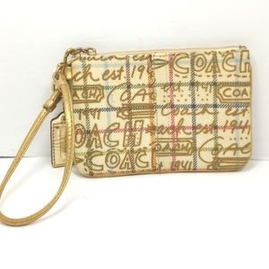 COACH Ivory Heritage Tattersall Gold Graffiti Pebbled Wristlet EUC